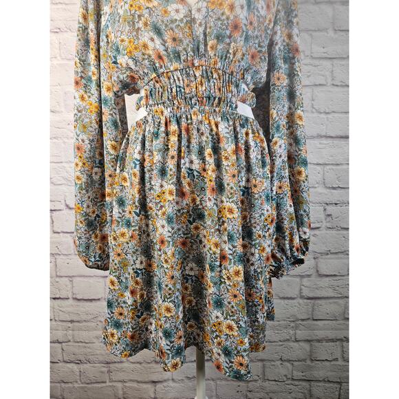 No Comment Womens L Floral‎ Dress & Side Waist Slits Puffy Sleeves Boho - Picture 10 of 16